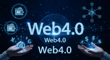什么是Web 4.0概念示意图,画面中央是发光的Web4.0字样,周围环绕AI钱包图标、区块链节点、人类手掌与金融符号融合的场景,科技感蓝色调,文字注明“Web4.0”
