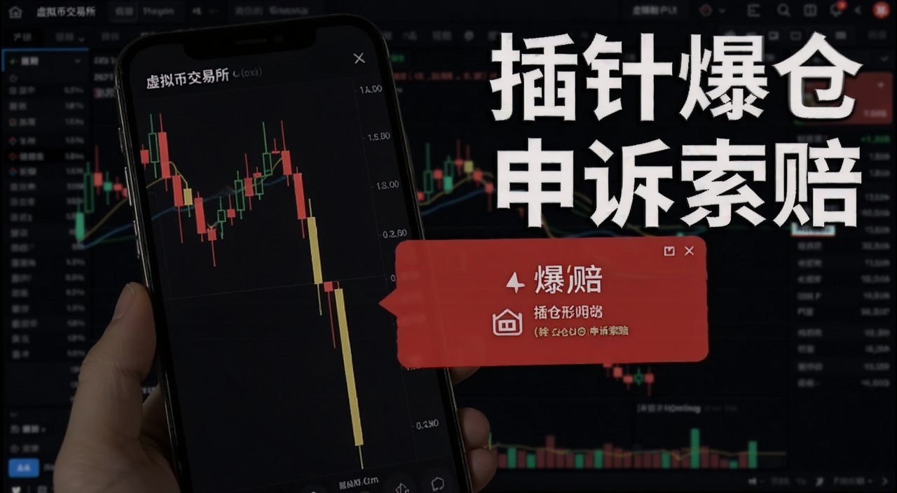 虚拟币交易所插针宕机爆仓申诉索赔攻略,画面是手机屏幕上K线出现一根长下影线插针,旁边有红色爆仓提示弹窗,背景是暗色交易界面,文字标注“插针爆仓”“申诉索赔”字样