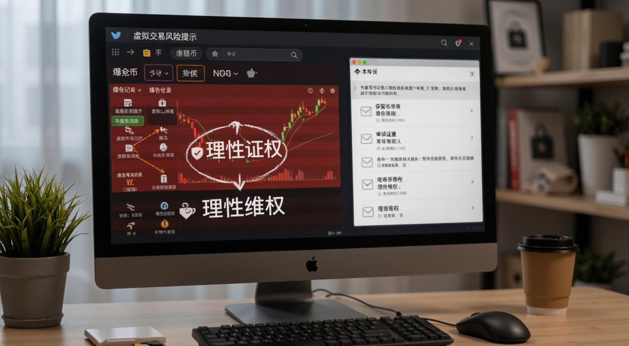 虚拟币交易风险提示画面,电脑屏幕上显示爆仓记录和申诉邮件,文字标注“保留证据”“理性维权”