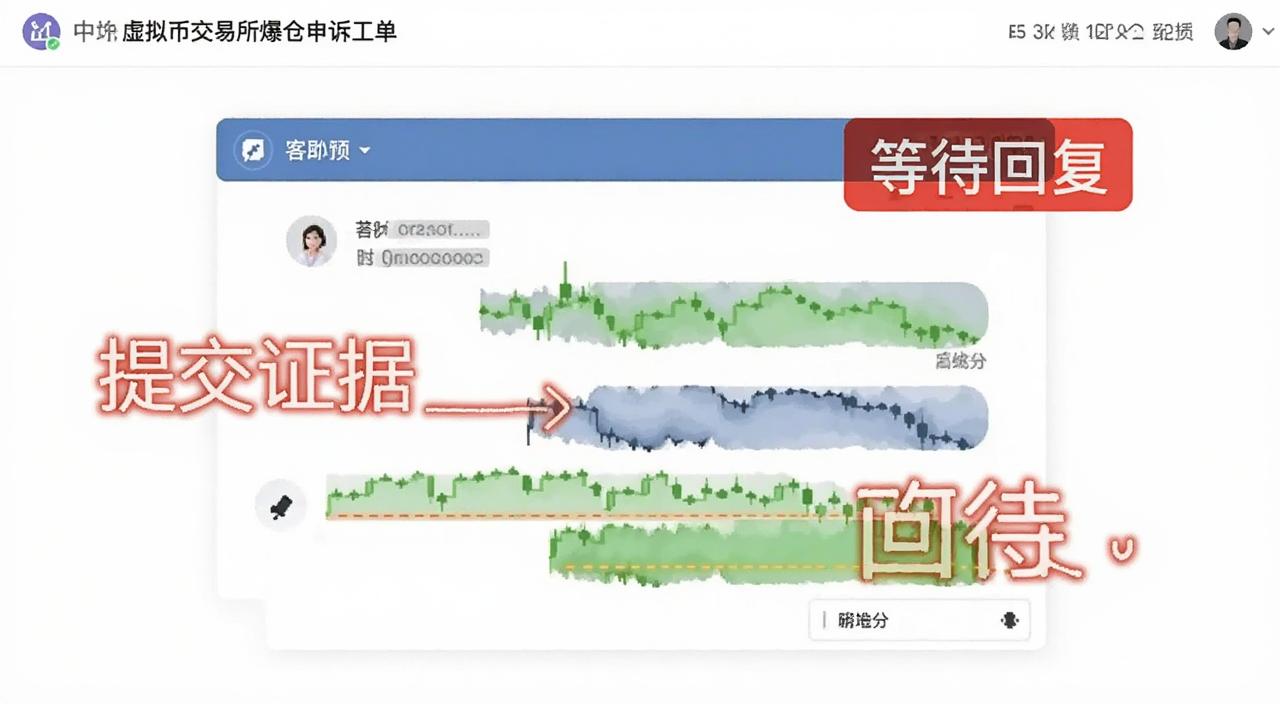 虚拟币交易所爆仓申诉工单页面截图,客服对话窗口,文字标注“提交证据”“等待回复”
