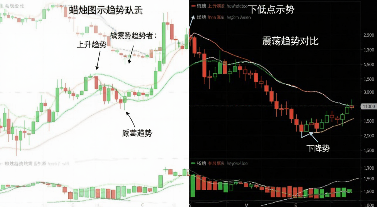 蜡烛图K线趋势判断示意图 上升趋势下降趋势震荡趋势对比 高低点连线标注 中文说明|蜡烛图K线趋势