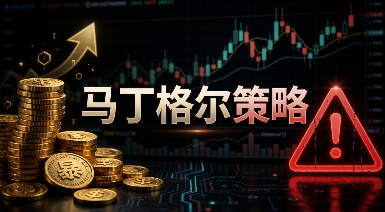 币圈马丁格尔策略是暴利还是陷阱概念图,画面中央用大号字体标注“马丁格尔策略”,左侧堆叠金色硬币代表暴利,右侧红色警示符号代表陷阱,背景为加密货币K线图,整体风格写实偏暗黑科技感