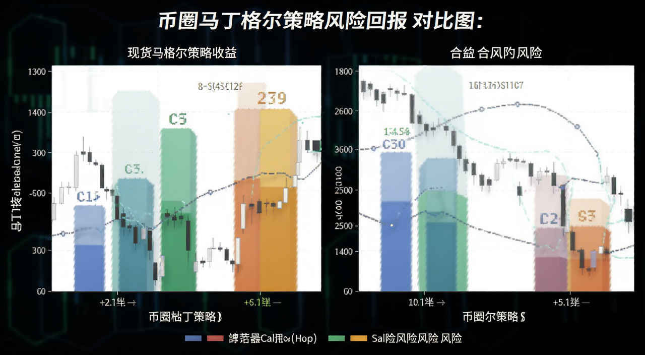 币圈马丁格尔策略风险回报对比图表,关键词包含马丁格尔策略,图表展示现货与合约马丁的收益和风险柱状图,风格数据可视化