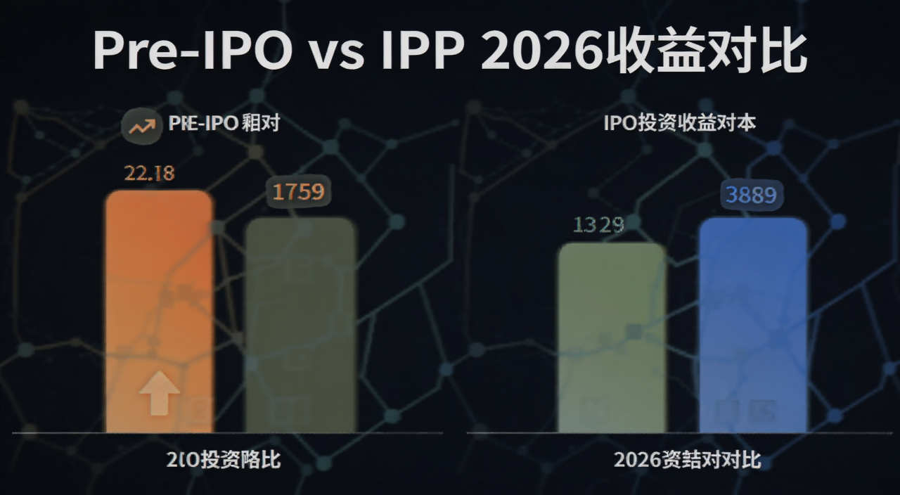 Pre-IPO和IPO投资收益对比图表,标题文字用“Pre-IPO vs IPO 2026收益对比”