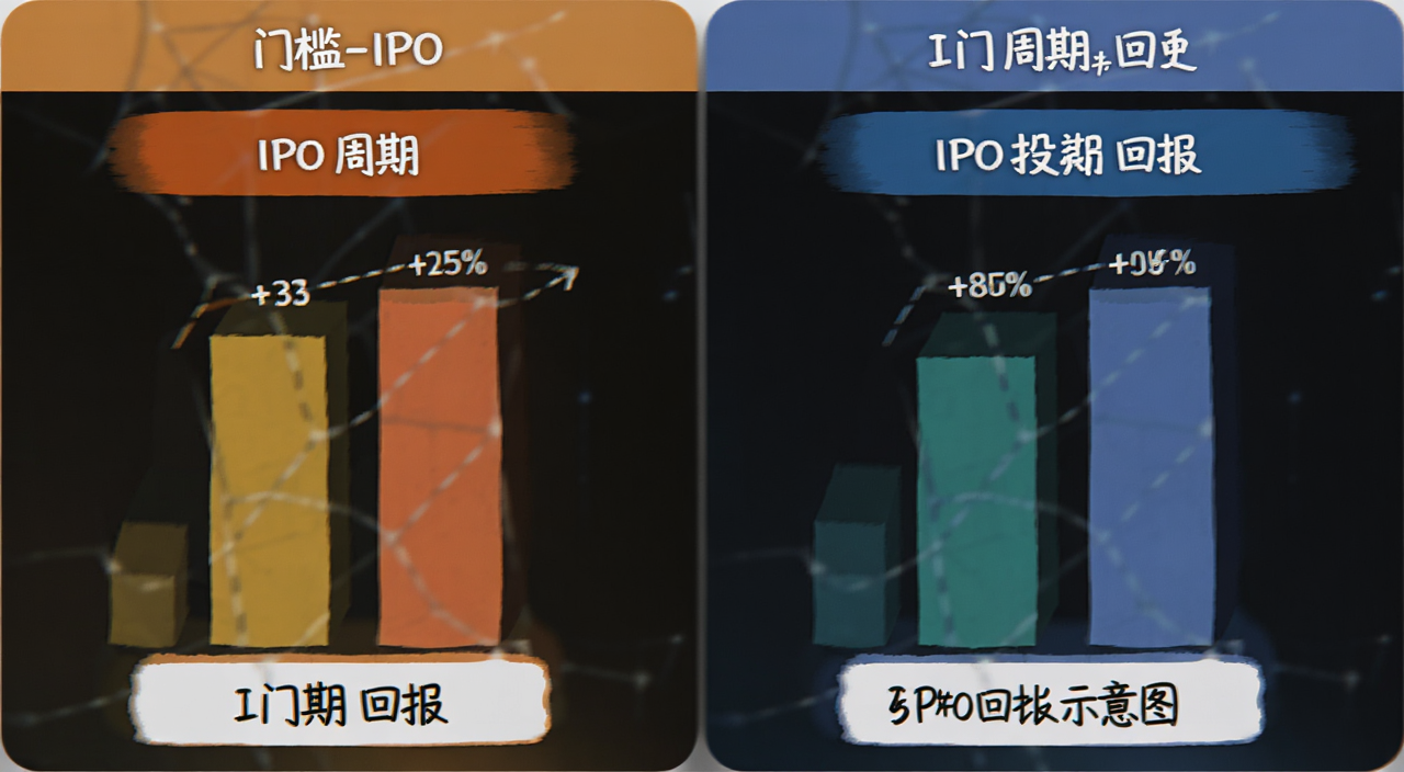 Pre-IPO和IPO投资门槛与回报对比示意图,文字标注“门槛 周期 回报”