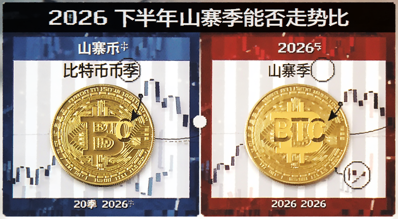 2026下半年山寨季能否到来 比特币与山寨币走势对比示意图 图中标注文字“山寨季”“BTC”“2026”
