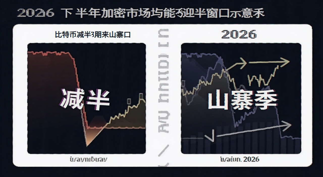 2026下半年加密市场能否迎来山寨季 比特币减半周期与山寨季时间窗口示意图 图中标注文字“减半”“山寨季”“2026”