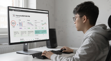 一个年轻人坐在电脑前浏览Polymarket预测市场页面,屏幕上显示多个预测事件和概率百分比,画面简洁现代,突出“三分钟玩转预测市场Polymarket”主题,风格写实,关键词“Polymarket预测市场操作界面”