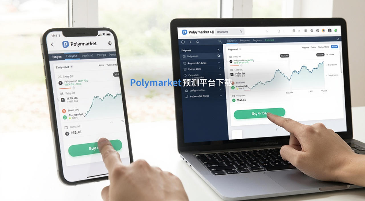 手机和电脑同时显示Polymarket操作界面,一只手正在点击买入按钮,画面明亮,突出“Polymarket预测平台下载”和操作便捷性