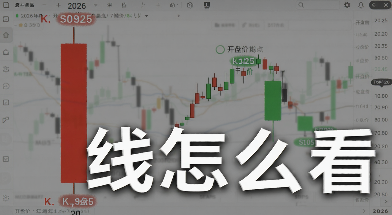 2026年K线图教学新手懒人包封面图,画面中一根放大的红色阳线和一根绿色阴线对比展示,标注开盘价收盘价最高价最低价四个位置,背景是简洁的行情软件界面,文字写“K线怎么看”