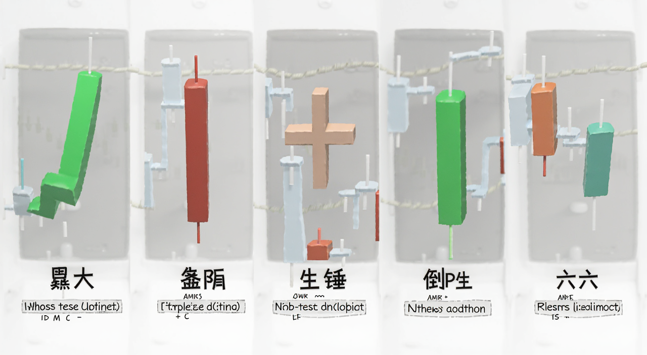 K线常见形态图解大全,包含大阳线大阴线十字星锤子线上吊线倒锤子线六种形态的示意图,每个形态下方标注名称和简单说明,风格简洁清晰