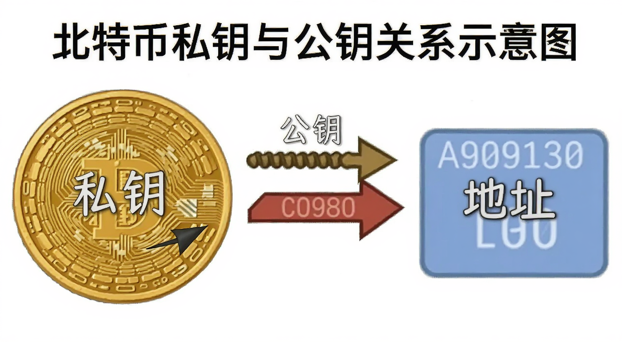比特币私钥与公钥关系示意图,图中标注“私钥”“公钥”“地址”三个关键词,用箭头表示单向推导关系