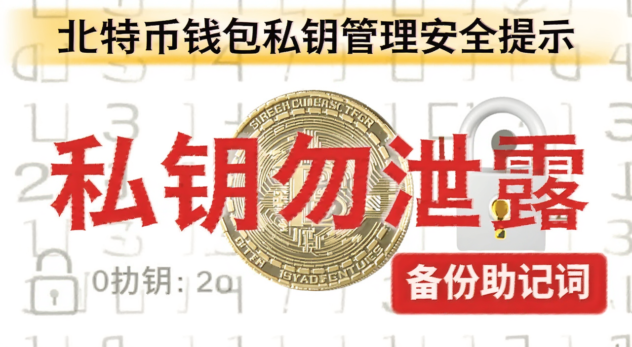 比特币钱包私钥管理安全提示图,图中标注“私钥勿泄露”“备份助记词”等关键词
