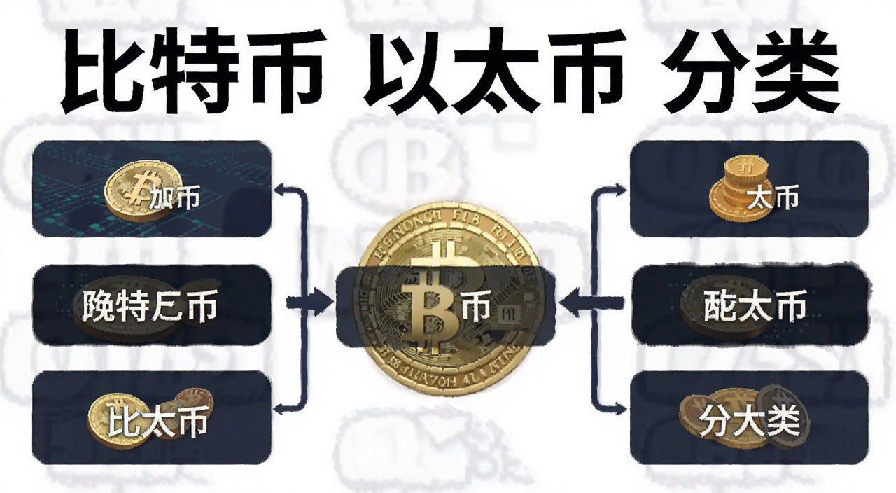 加密货币分类科普图解,图中文字标注“比特币 以太币 分类”