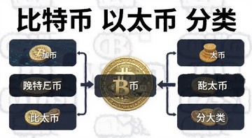 加密货币分类科普图解,图中文字标注“比特币 以太币 分类”