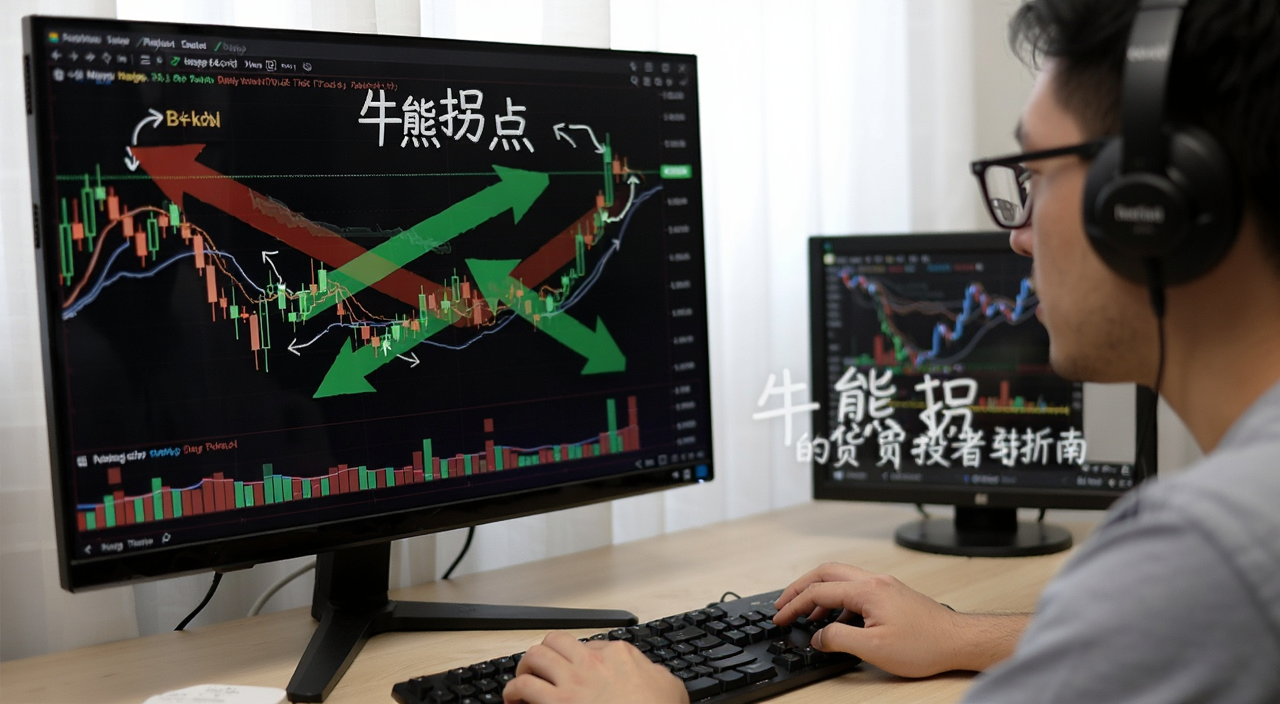 加密货币牛熊周期指南 如何识别市场转折点 文字标注“牛熊拐点” 比特币K线图背景 红绿箭头交错 普通投资者看盘场景,