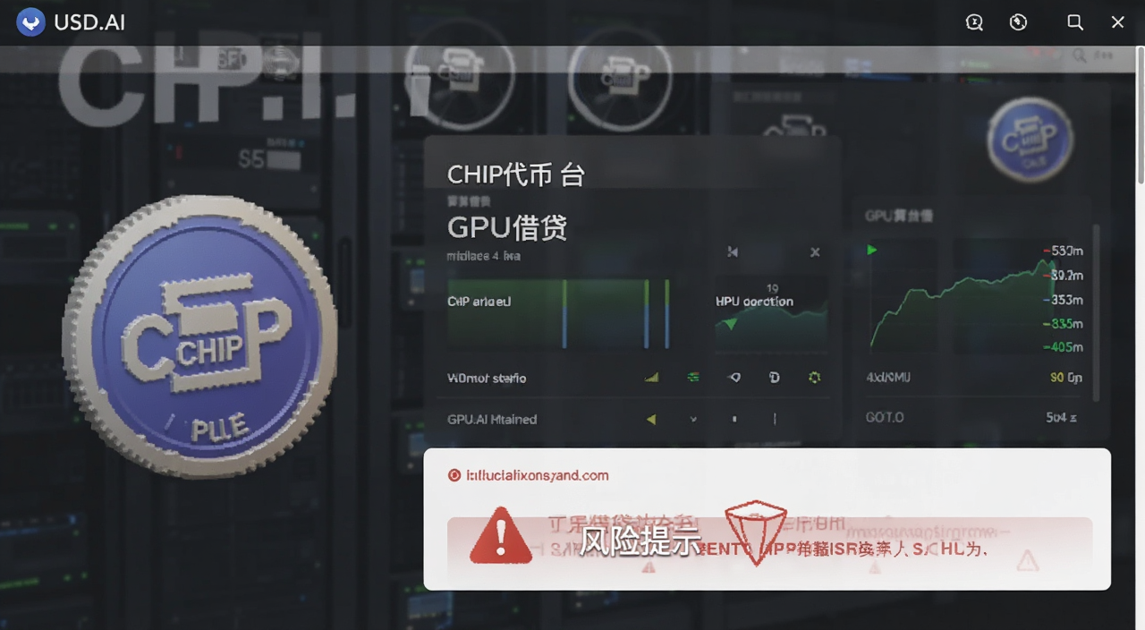 USD.AI平台CHIP代币GPU借贷操作界面截图,画面中有CHIP代币图标和GPU算力借贷数据面板,文字标注“CHIP代币”“GPU借贷”“风险提示”