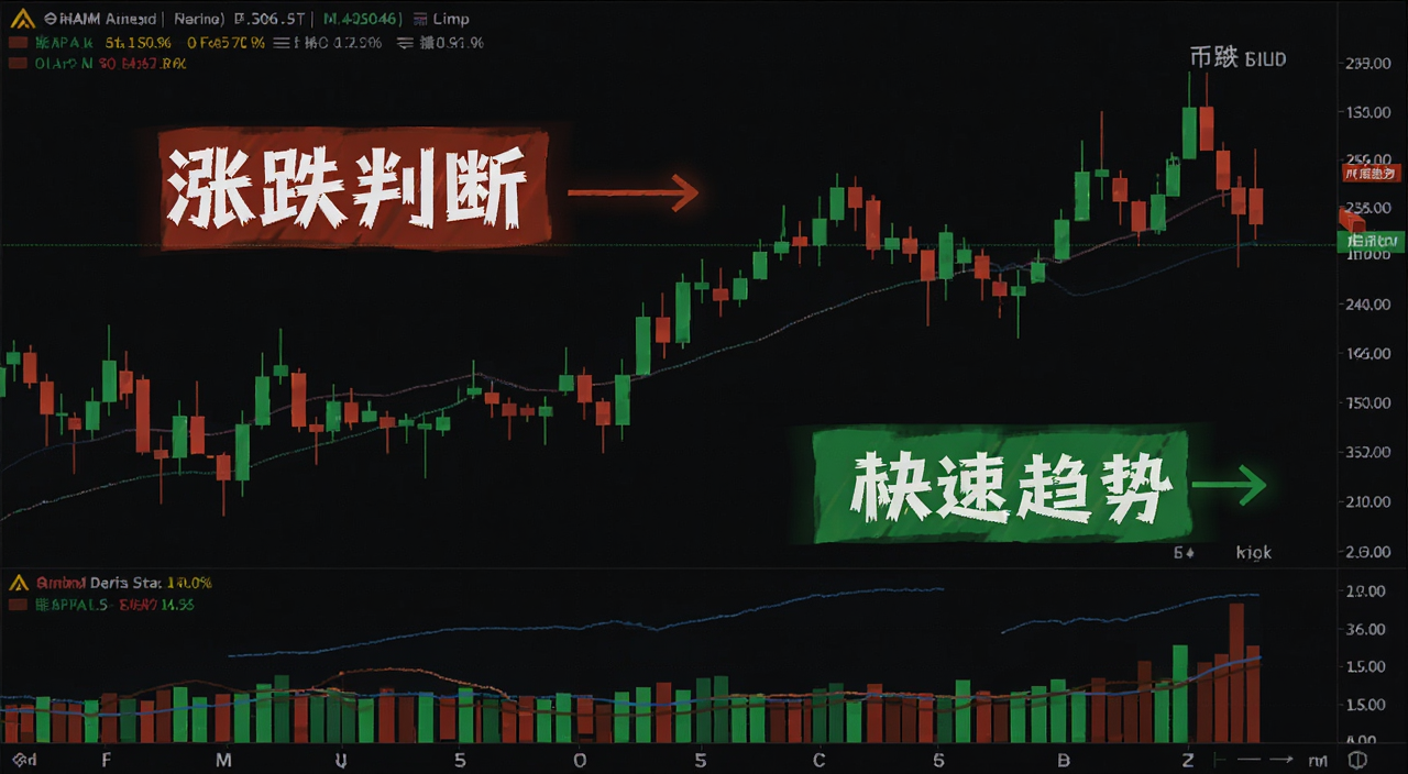 虚拟货币怎么看涨跌 币安K线图红绿蜡烛图与成交量柱状图 标注“涨跌判断”“快速趋势”字样