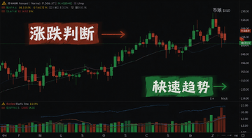 虚拟货币怎么看涨跌 币安K线图红绿蜡烛图与成交量柱状图 标注“涨跌判断”“快速趋势”字样