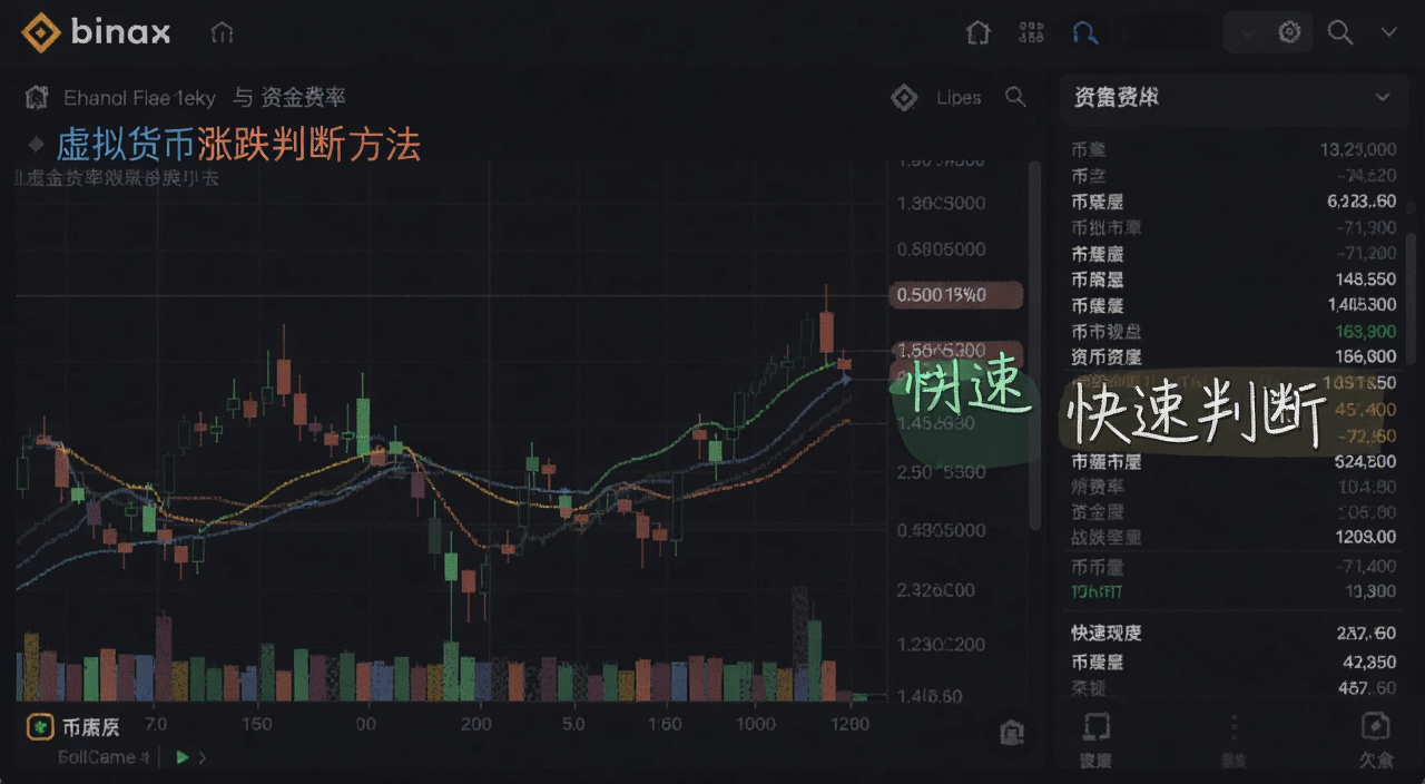 币安盘口挂单界面与资金费率数据 虚拟货币涨跌判断方法 标注“快速判断”
