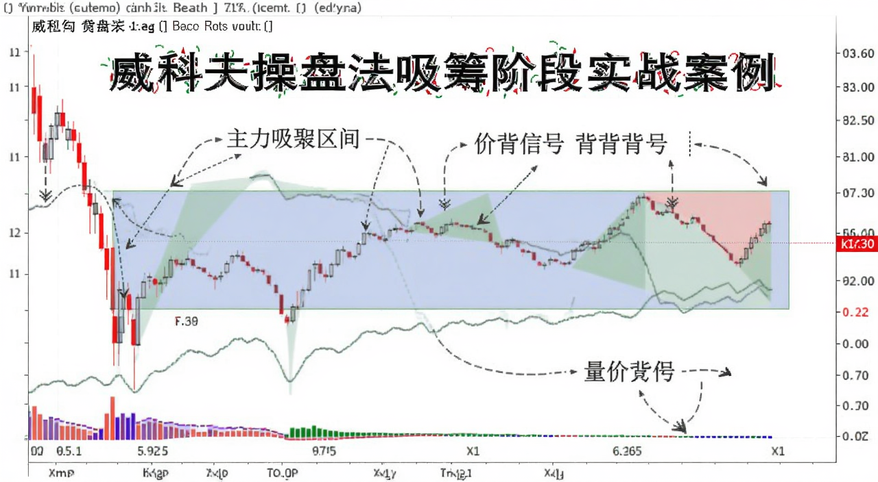 威科夫操盘法吸筹阶段实战案例图,展示股价横盘震荡但成交量逐步萎缩的走势,标注主力吸筹区间和量价背离信号,文字注明主力吸筹