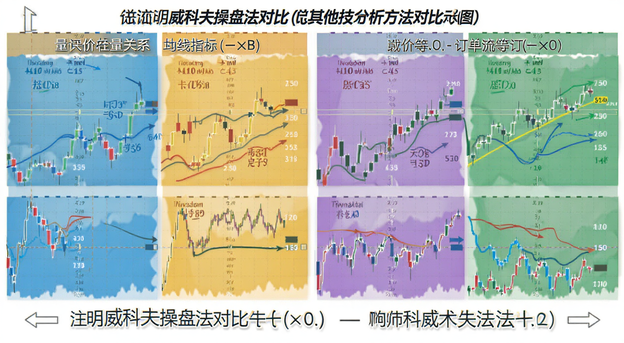 威科夫操盘法与其他技术分析方法对比示意图,展示量价关系、均线指标、订单流等不同分析维度的差异,文字注明威科夫操盘法对比
