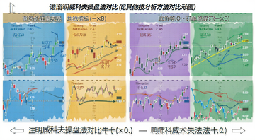 威科夫操盘法与其他技术分析方法对比示意图,展示量价关系、均线指标、订单流等不同分析维度的差异,文字注明威科夫操盘法对比