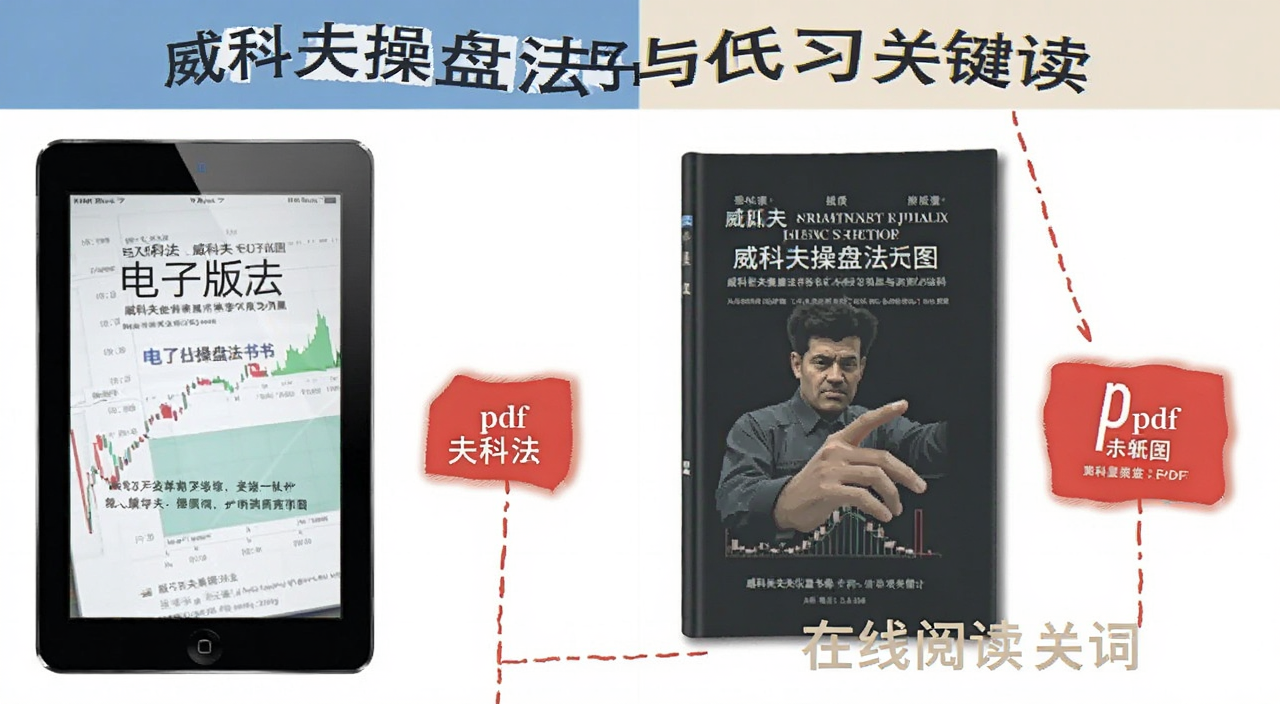 威科夫操盘法书籍与学习资料示意图,展示电子版和纸质书对比,标注威科夫操盘法pdf和在线阅读关键词