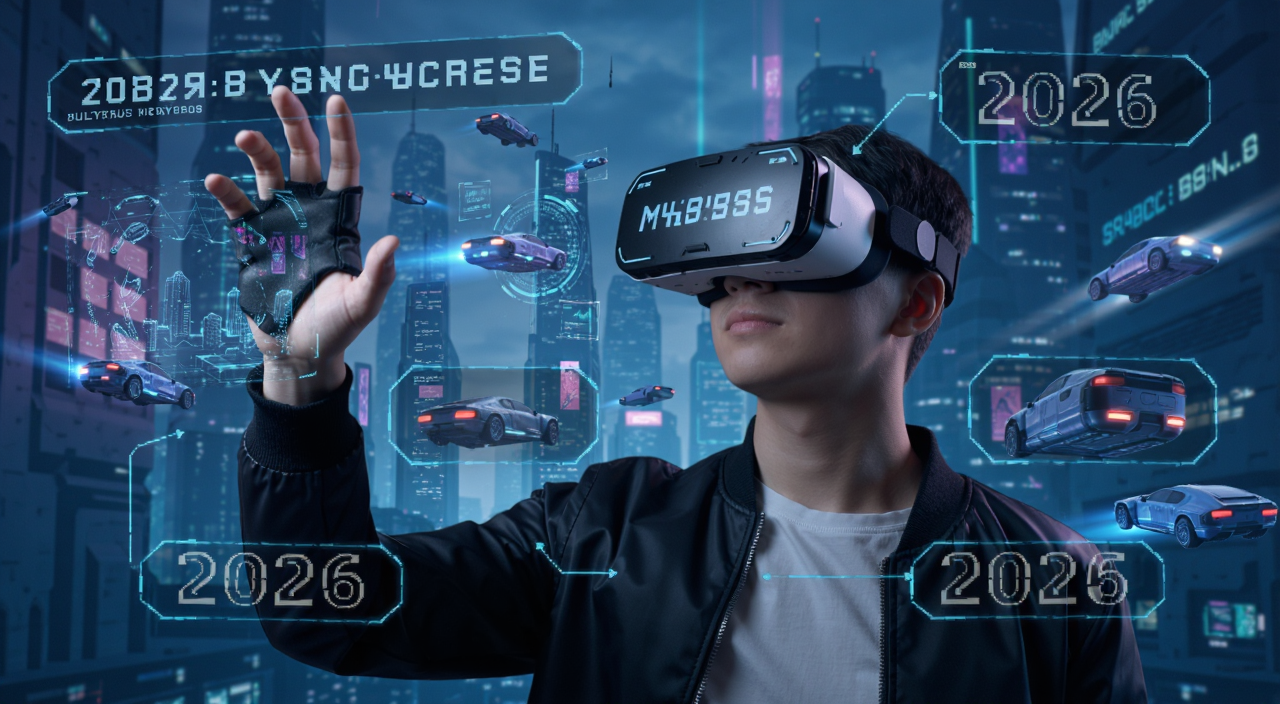 2026年元宇宙概念场景,一个年轻人戴着VR头显进入虚拟世界,画面中有什么是元宇宙的文字标注,赛博朋克风格,科技感十足