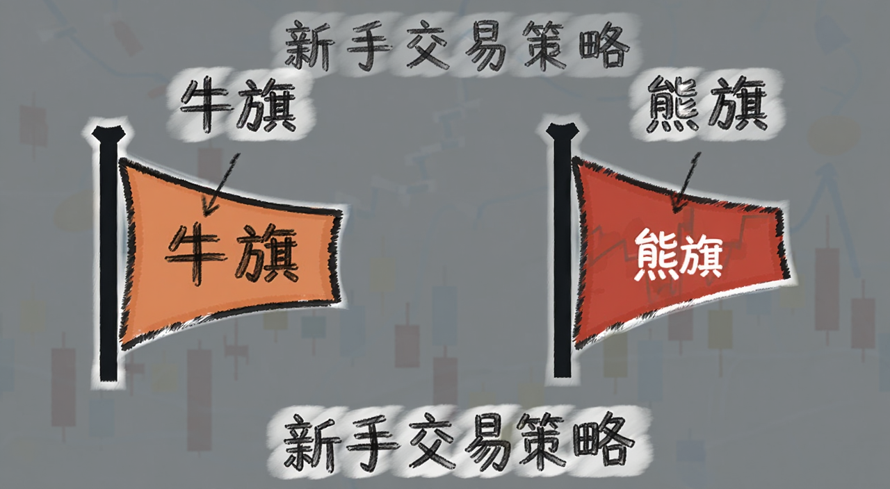 牛旗和熊旗形态对比示意图,图中标注牛旗和熊旗的旗杆与旗面,文字标注“牛旗”“熊旗”“新手交易策略”