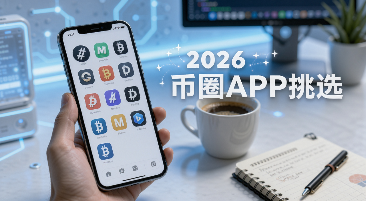 2026年币圈新手必备APP挑选指南,画面中一部手机屏幕显示多个数字货币APP图标排列,背景是简洁的科技风格,手机旁有一杯咖啡和笔记本,整体色调清爽明亮,图中文字标注“2026 币圈APP挑选”
