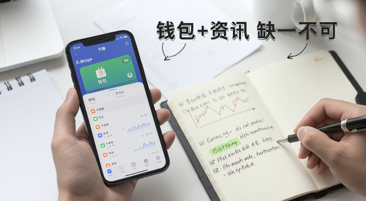 2026年进入币圈到底需要哪些必备APP 初学者挑选工具必看指南,画面展示手机屏幕上钱包APP和资讯APP的界面,旁边有笔记本记录要点,风格简洁实用,图中文字标注“钱包+资讯 缺一不可”