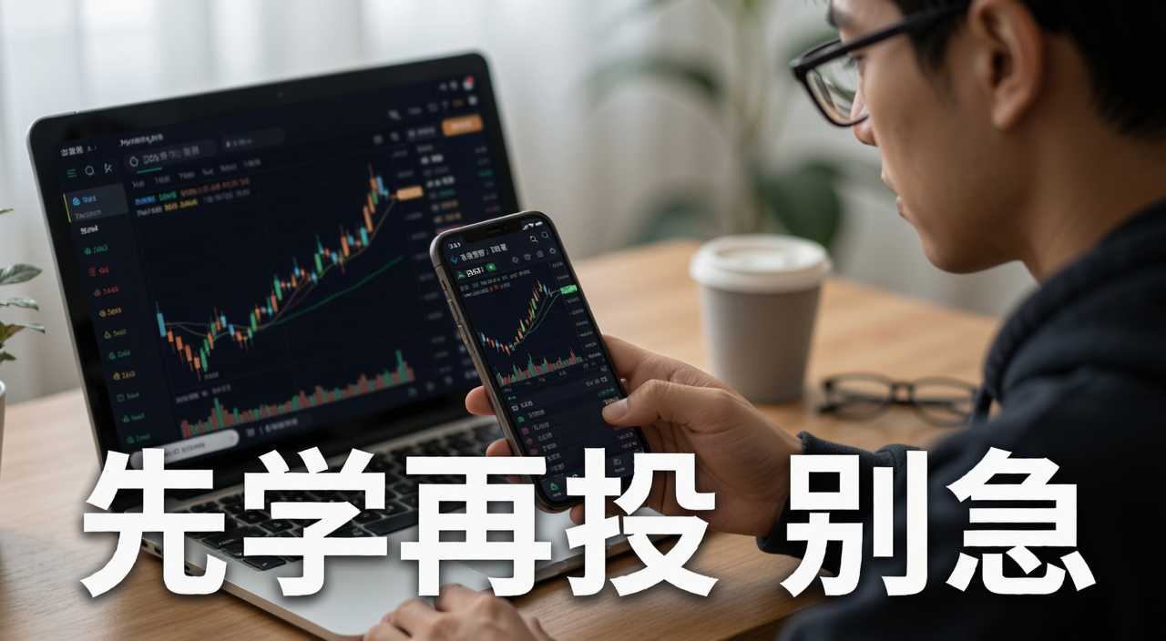 2026年币圈新手必备APP挑选指南,画面展示一个人坐在桌前用手机操作数字货币APP,屏幕上有K线图和交易界面,氛围专注认真,图中文字标注“先学再投 别急”