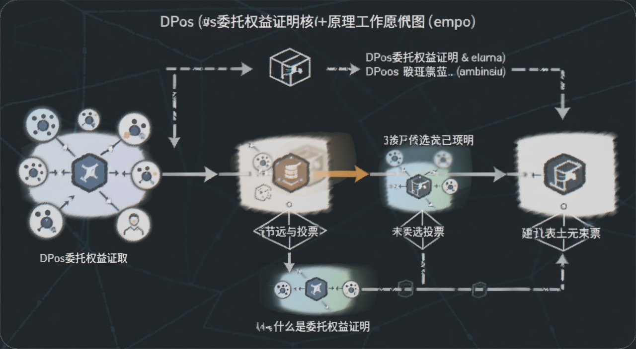 DPoS委托权益证明工作原理示意图,用节点投票选出代表记账的流程图,标注什么是委托权益证明核心概念