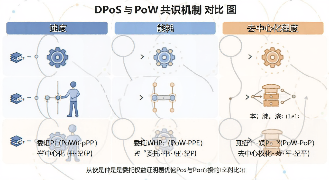 DPoS与PoW共识机制对比图,从速度、能耗、去中心化程度三个维度展示什么是委托权益证明的优缺点