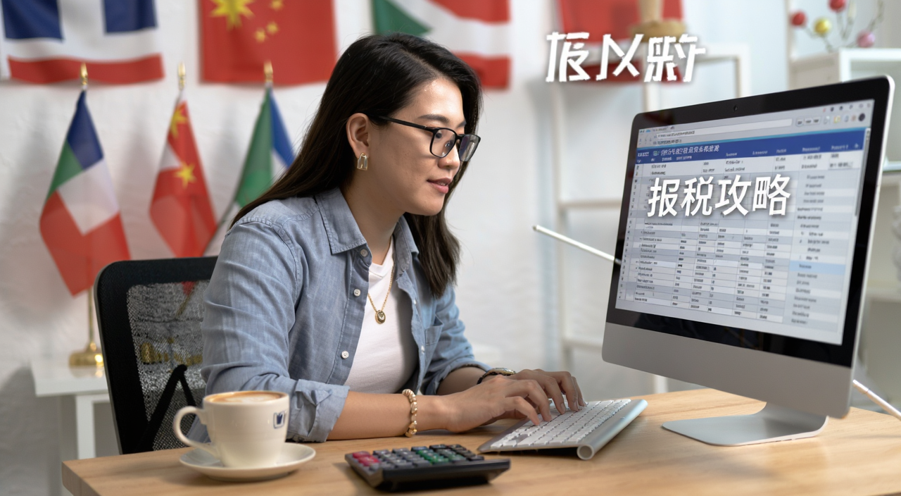 2026海外华人加密货币报税政策详解与合法节税攻略,一位海外华人坐在电脑前查看加密货币报税表格,桌上放着咖啡和计算器,背景有各国国旗元素,写实风格,文字“报税攻略”