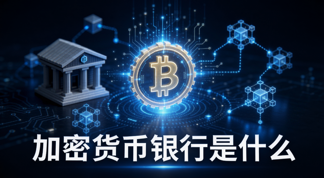 加密货币银行是什么概念示意图,画面中间一个发光的数字货币符号被传统银行建筑和区块链节点包围,下方文字标注“加密货币银行是什么”,整体科技感蓝色调