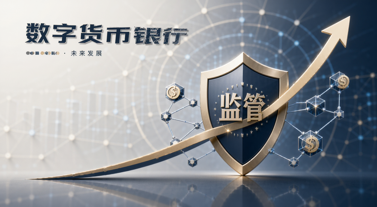 数字货币银行未来发展概念图,画面是一条上升的曲线穿过监管盾牌和区块链节点,文字标注“数字货币银行未来发展”,色调稳重