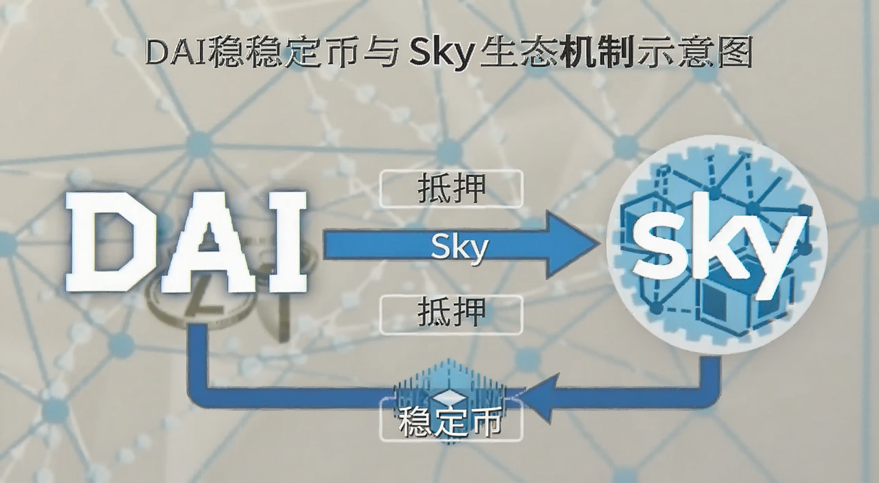 DAI�ȶ�����Sky��̬����ʾ��ͼ����������DAI������Sky��̬��־���ü�ͷչʾ��Ѻ����DAI�����̣���ע��DAI����Sky������Ѻ�����ȶ��ҡ�������