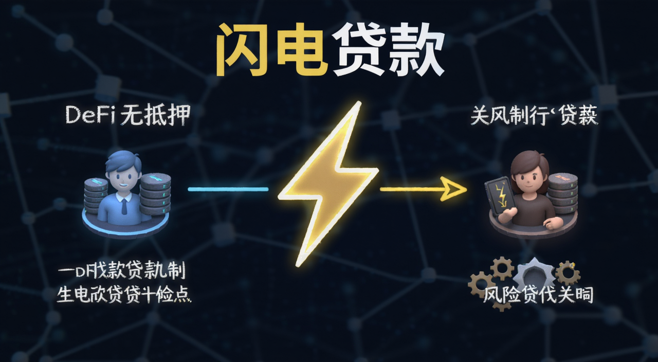 什么是闪电贷款概念示意图,画面中央是闪电符号连接借贷双方,旁边标注DeFi无抵押贷款机制与风险关键词,文字用“闪电贷款”注明
