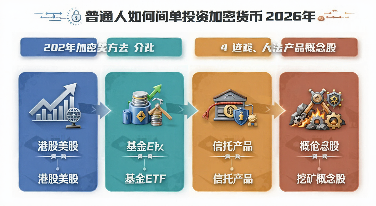 普通人如何间接投资加密货币 2026年加密货币的4种简单投资方法介绍 一张信息图展示四种投资路径的对比,文字标注“港股美股”“基金ETF”“信托产品”“挖矿概念股”