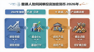 普通人如何间接投资加密货币 2026年加密货币的4种简单投资方法介绍 一张信息图展示四种投资路径的对比,文字标注“港股美股”“基金ETF”“信托产品”“挖矿概念股”