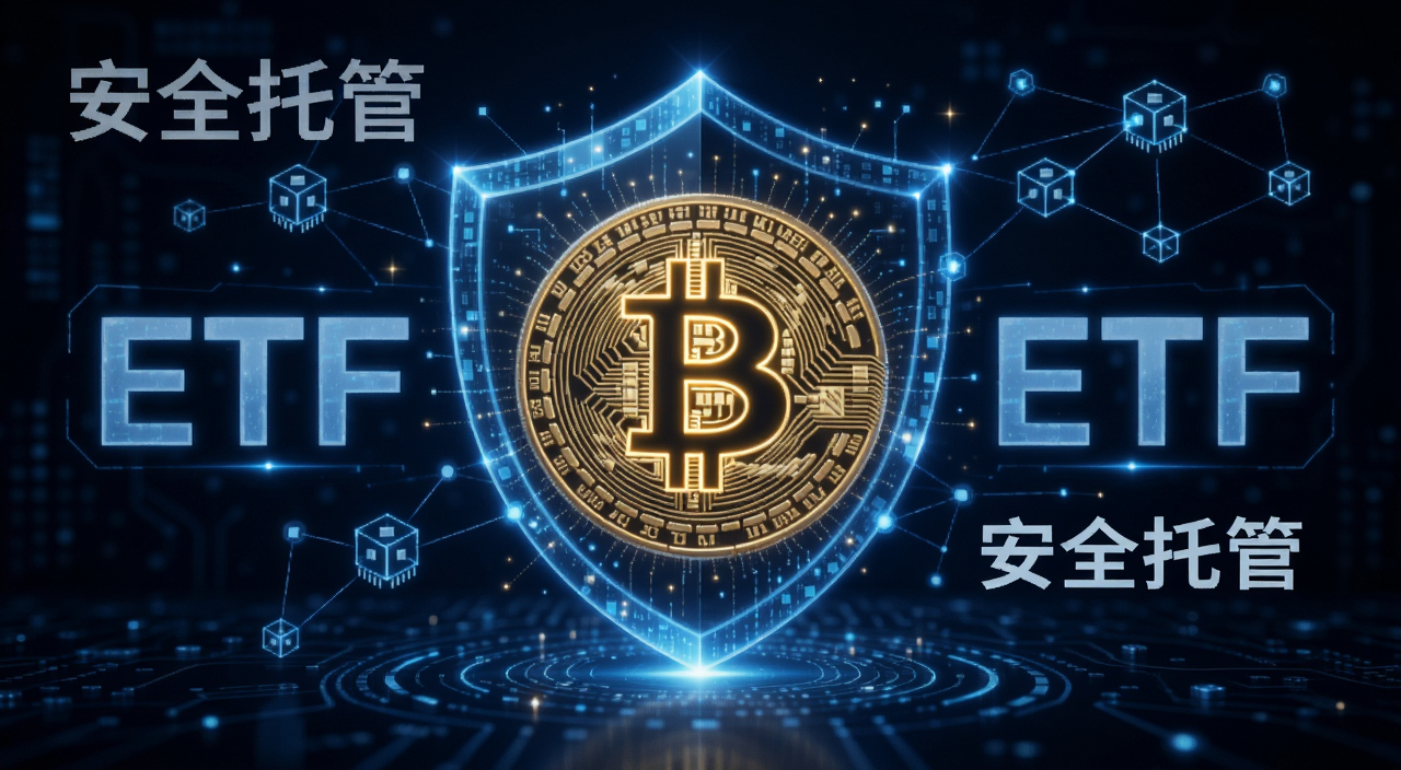 比特币ETF托管BTC安全教程配图,画面中央是一个发光的比特币符号被数字盾牌包裹,旁边有ETF字母和区块链节点连线,背景是深蓝色科技感,文字标注“安全托管”