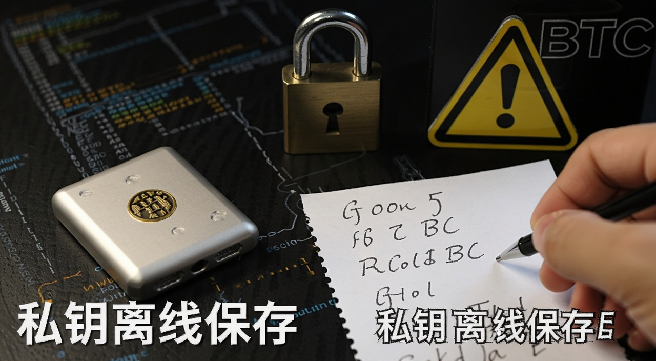 比特币ETF托管BTC安全教程配图,画面展示一个硬件钱包和手抄助记词纸条,旁边有锁和警示标志,文字标注“私钥离线保存”
