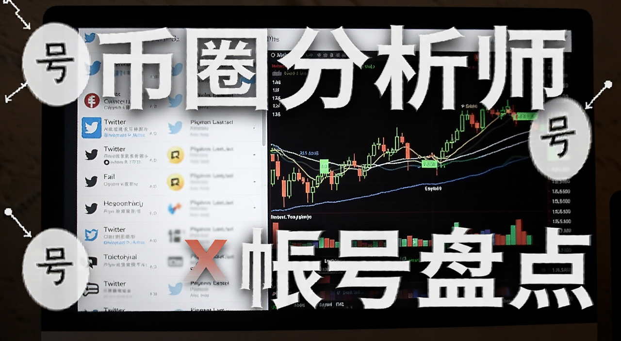 币圈分析师必备X帐号盘点封面图,画面为电脑屏幕显示Twitter列表和K线图,关键词币圈分析师,文字用号来注明