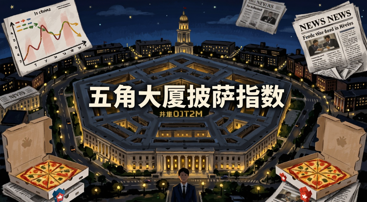 五角大楼夜景与外卖披萨盒堆叠的对比插画,画面中央用文字标注“五角大厦披萨指数”,周围环绕订单曲线和新闻报纸元素,概括整篇文章内容