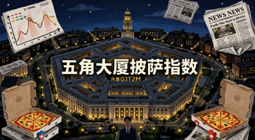 五角大楼夜景与外卖披萨盒堆叠的对比插画,画面中央用文字标注“五角大厦披萨指数”,周围环绕订单曲线和新闻报纸元素,概括整篇文章内容