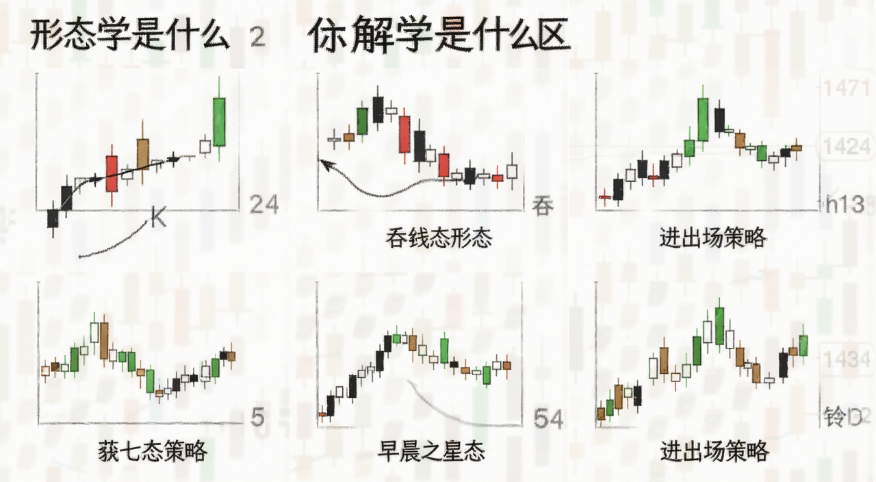 七大K线形态图解与进出场策略示意图,图中包含锤子线、吞没形态、早晨之星等经典K线图形,文字标注“形态学是什么”“进出场策略”