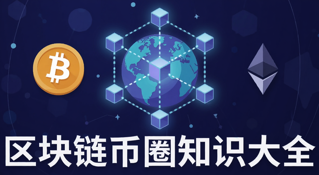 一张扁平风格插画,画面中央是一个发光的区块链网络节点连接地球,旁边有比特币和以太坊图标,下方用文字标注“区块链币圈知识大全”,科技蓝紫色调,简洁清晰