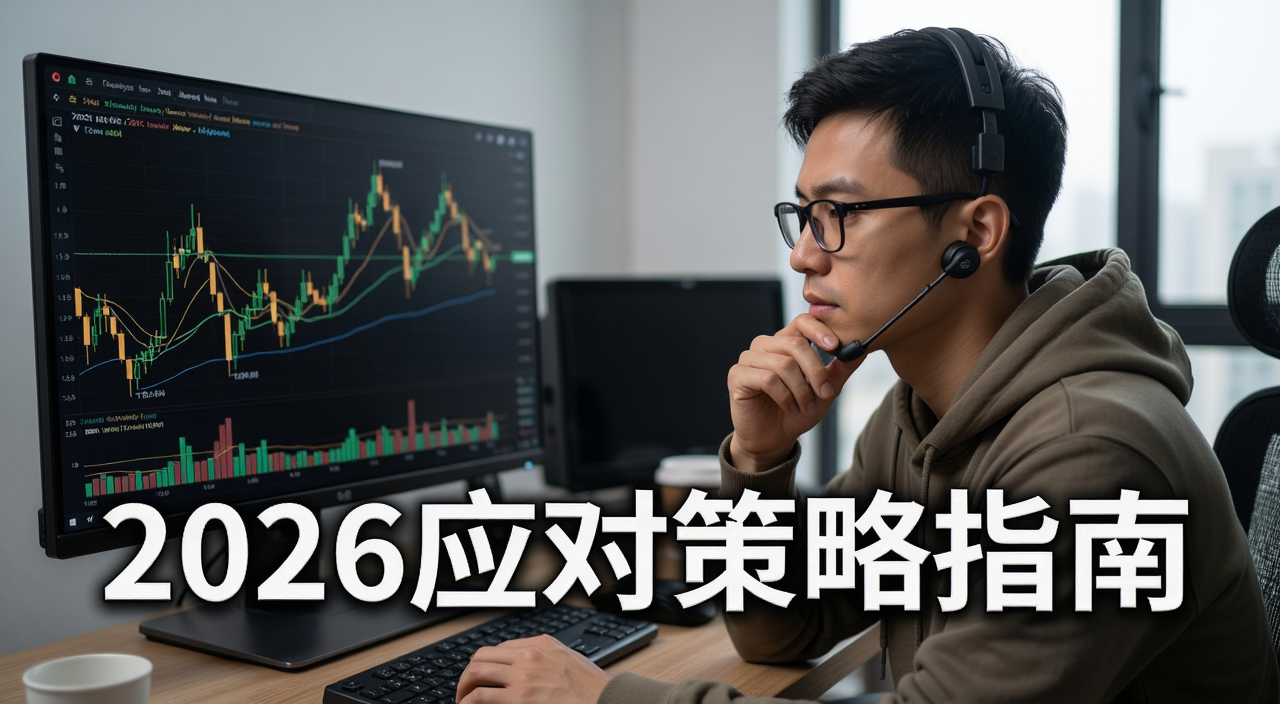 比特币投资者面对K线图思考应对策略,画面中带“2026应对策略指南”文字
